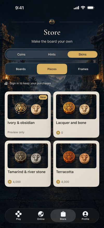 Store Pieces category with Lacquer and bone, Tamarind and river stone, Terracotta and a preview-only Ivory and obsidian set