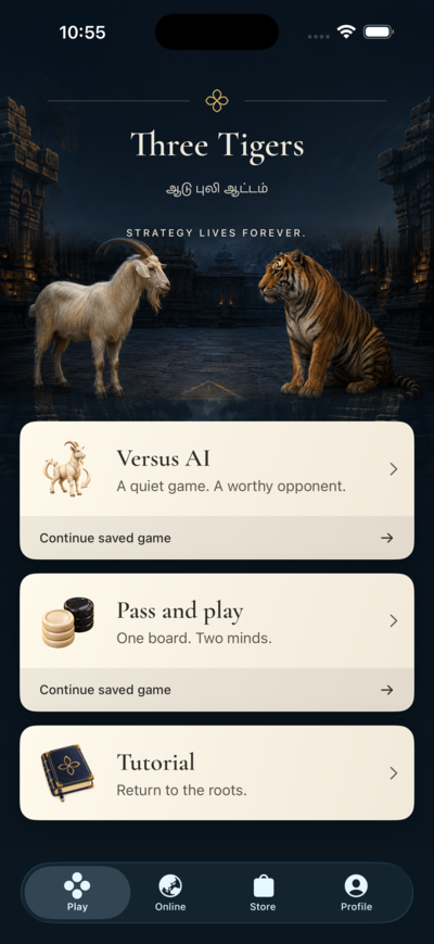 Play screen with Versus AI, Pass and play and Tutorial
